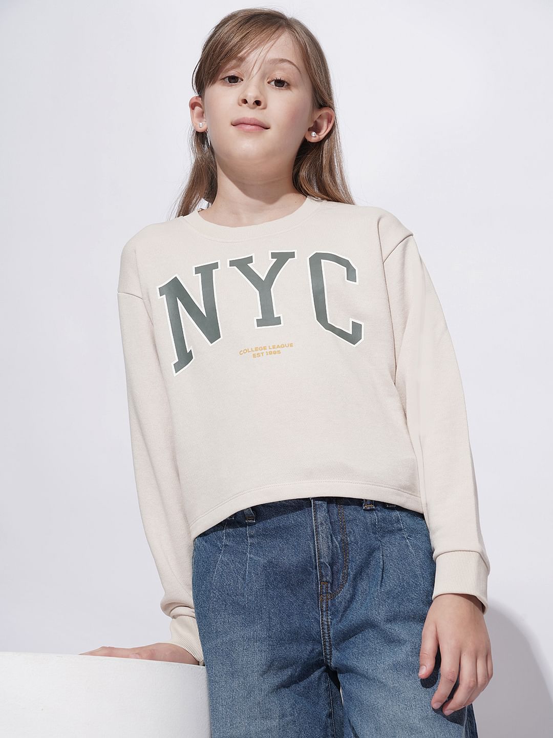 Girls Beige Varsity Graphic Print Sweatshirt - Main Image