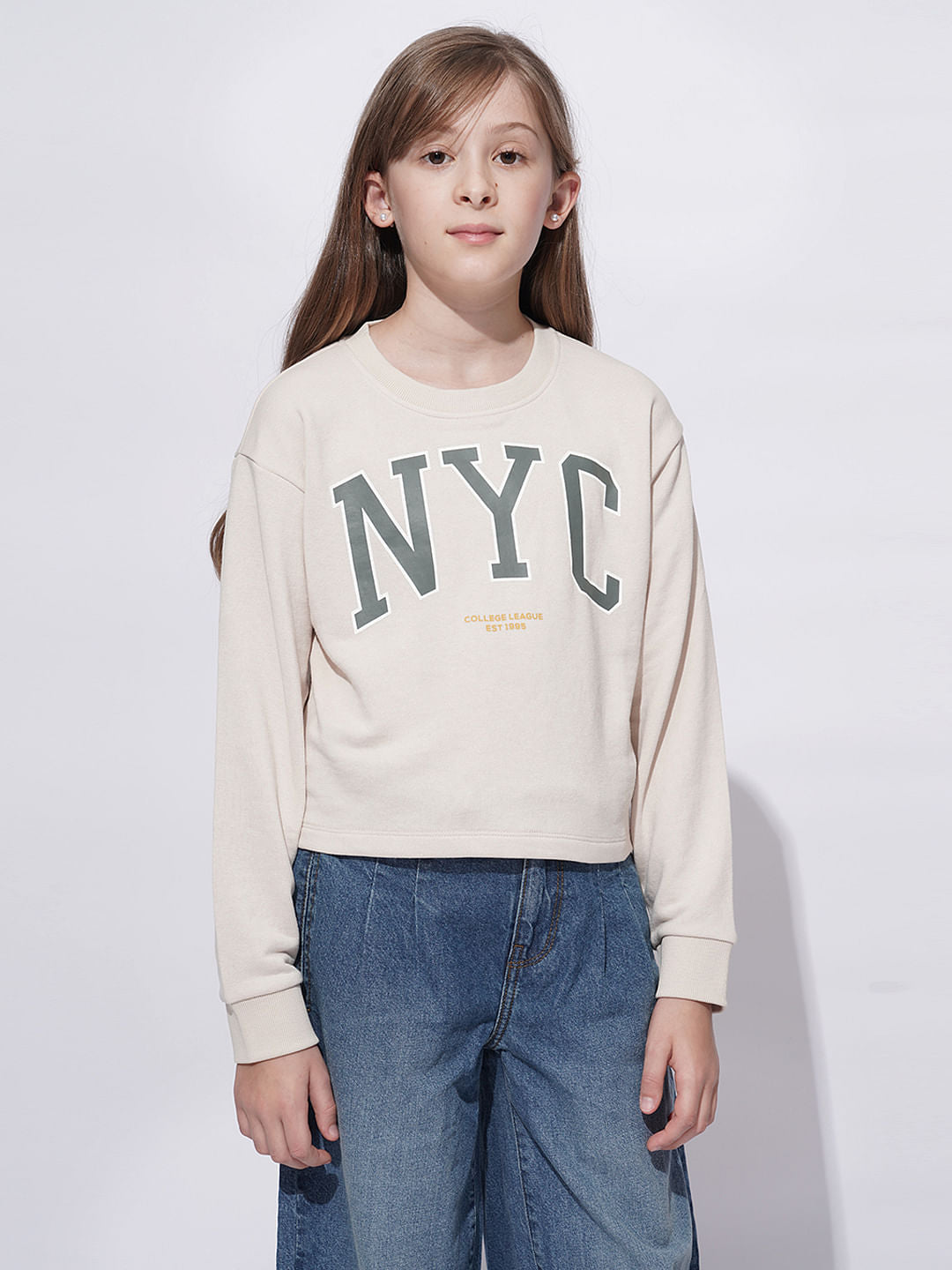 Girls Beige Varsity Graphic Print Sweatshirt