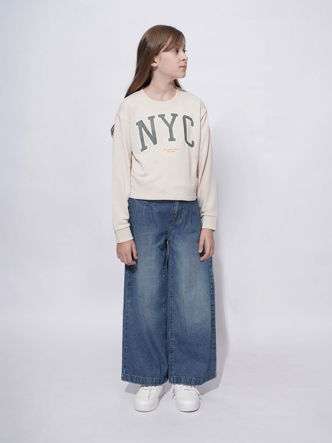 Girls Beige Varsity Graphic Print Sweatshirt