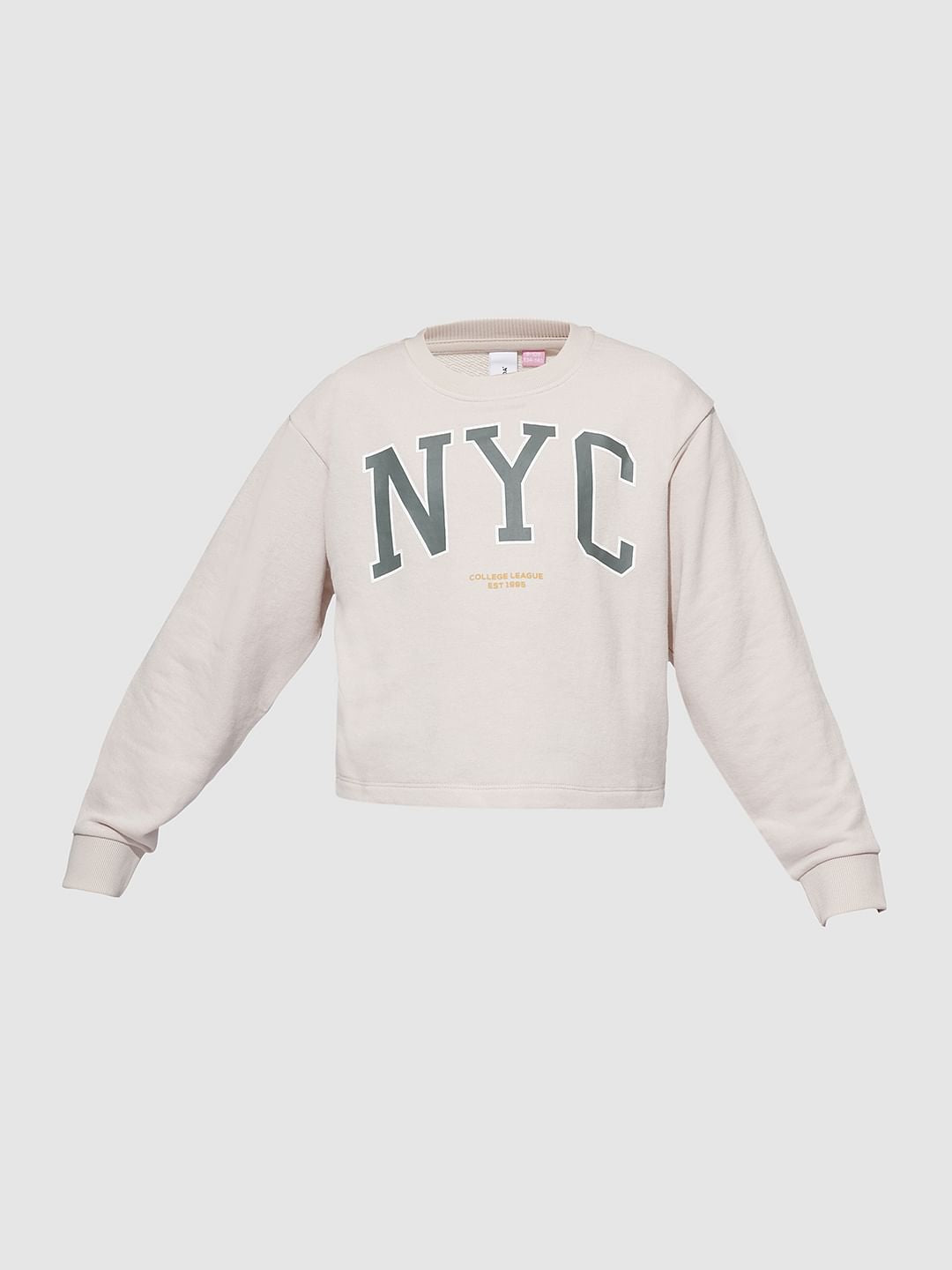 Girls Beige Varsity Graphic Print Sweatshirt