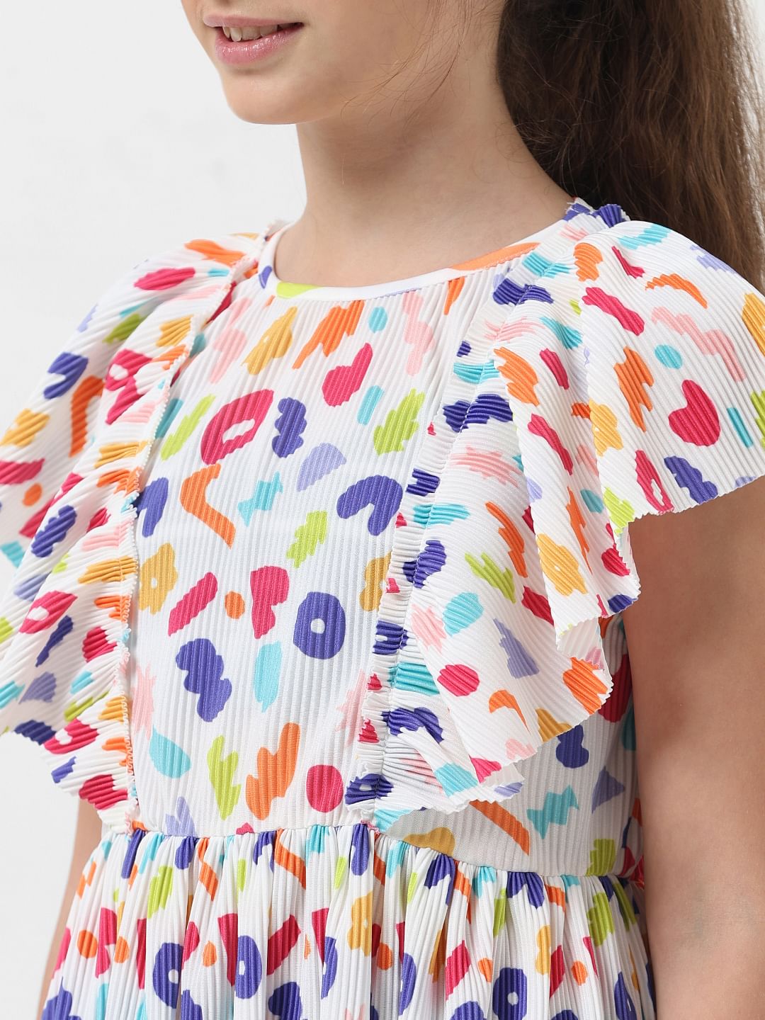 Girl White Pleated Printed Dress