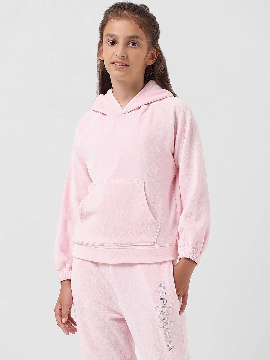 Girl Pink Velour Hooded Sweatshirt