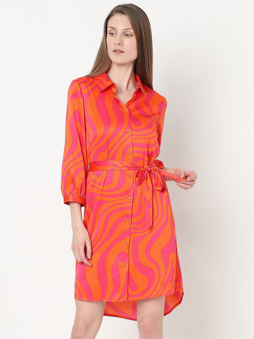 Orange Printed Shirt Dress