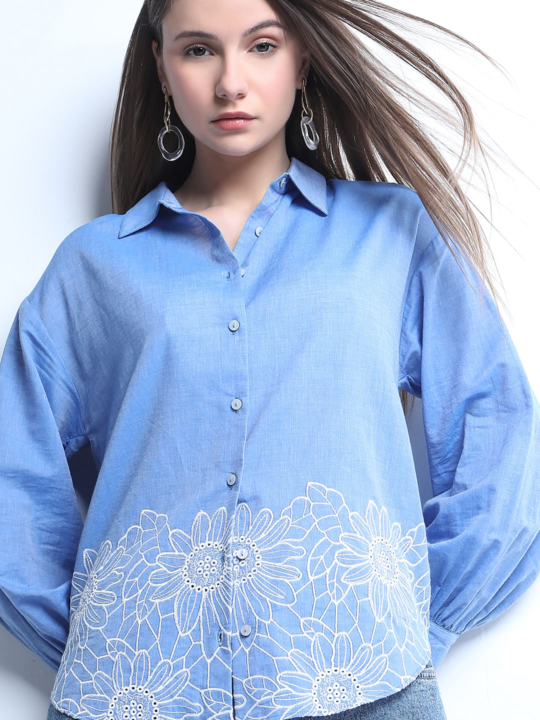 Blue Floral Embroidery Shirt