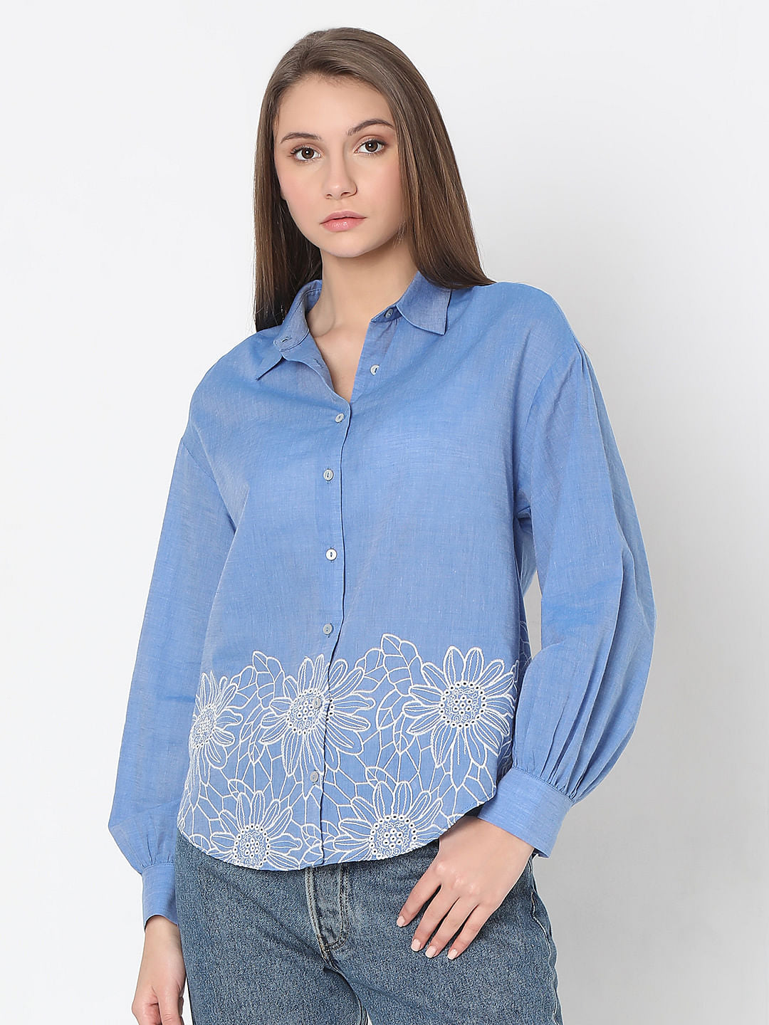 Blue Floral Embroidery Shirt