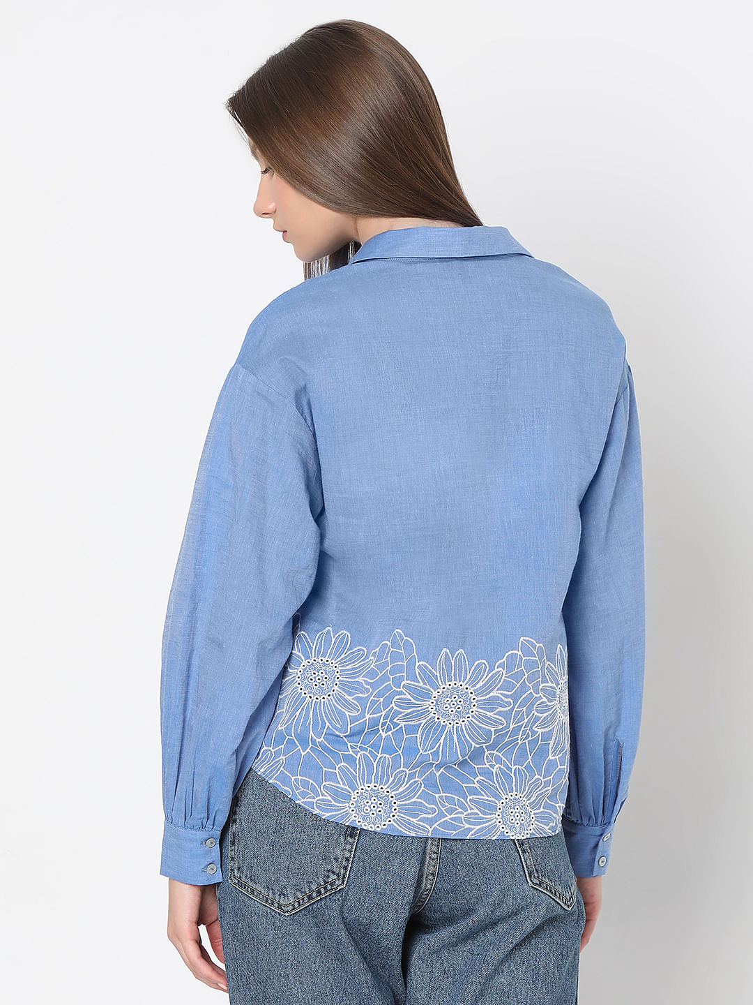 Blue Floral Embroidery Shirt