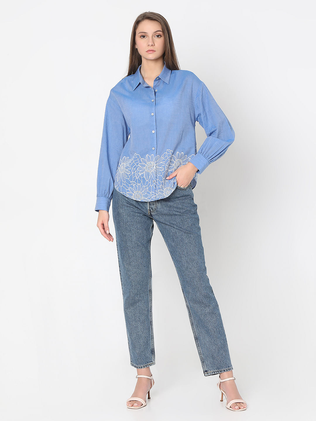 Blue Floral Embroidery Shirt