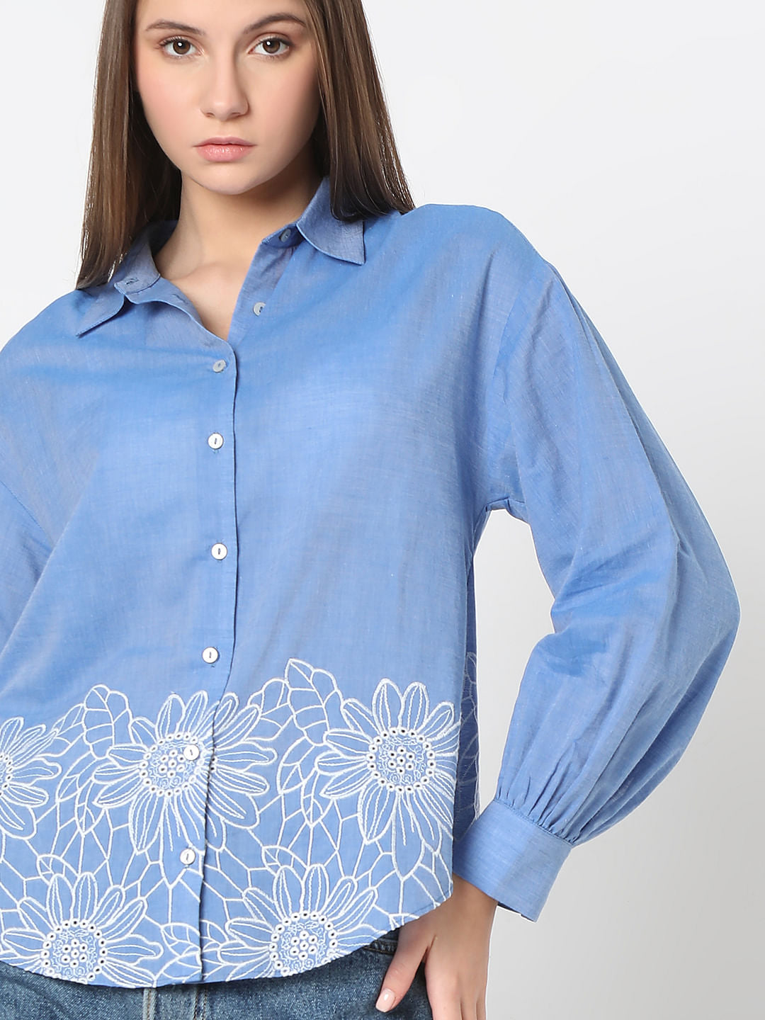 Blue Floral Embroidery Shirt
