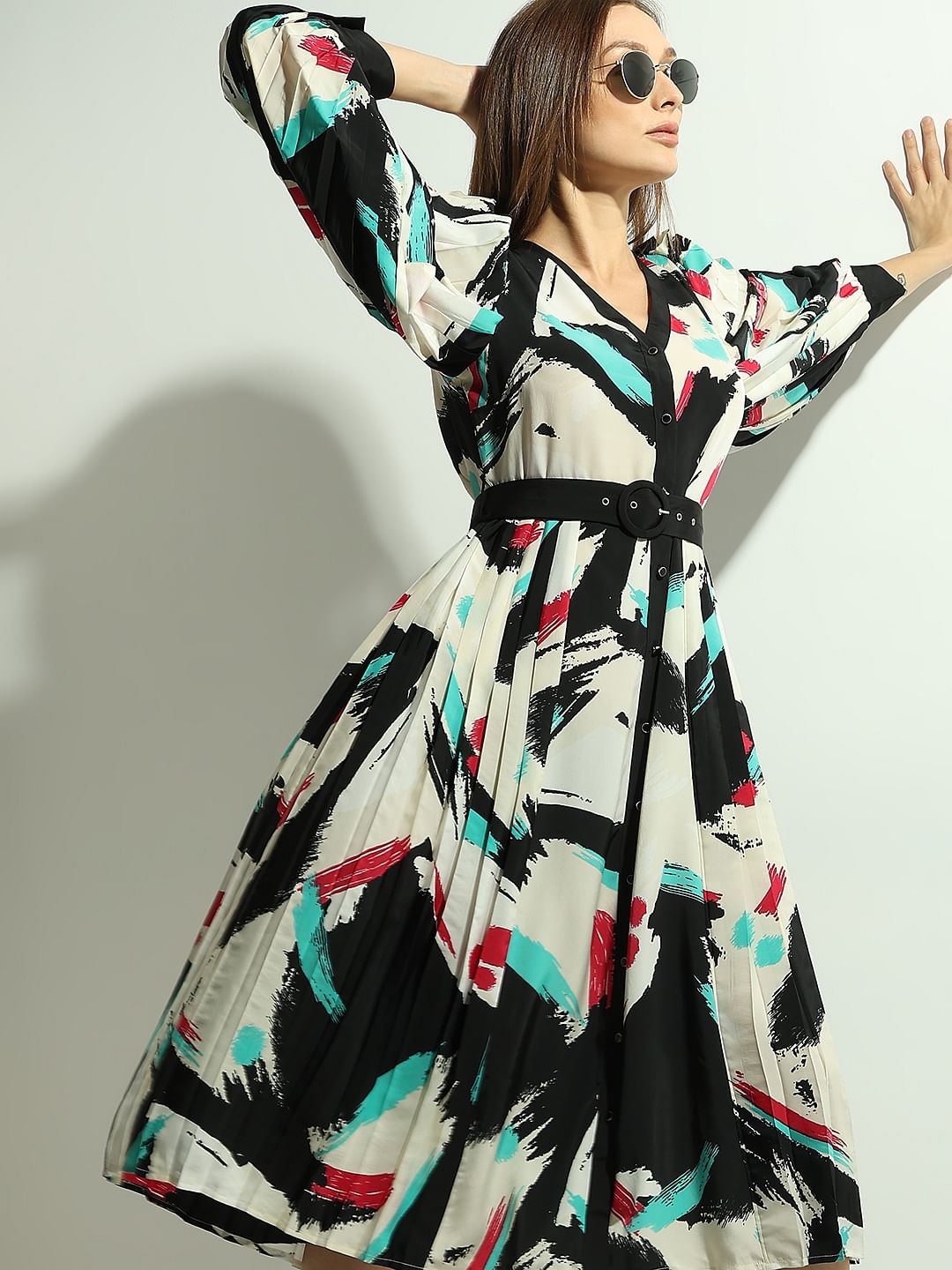 White Printed Pleated Midi Dress