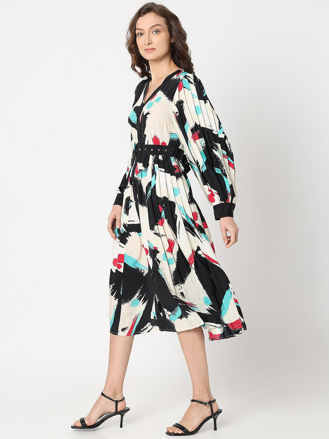 White Printed Pleated Midi Dress