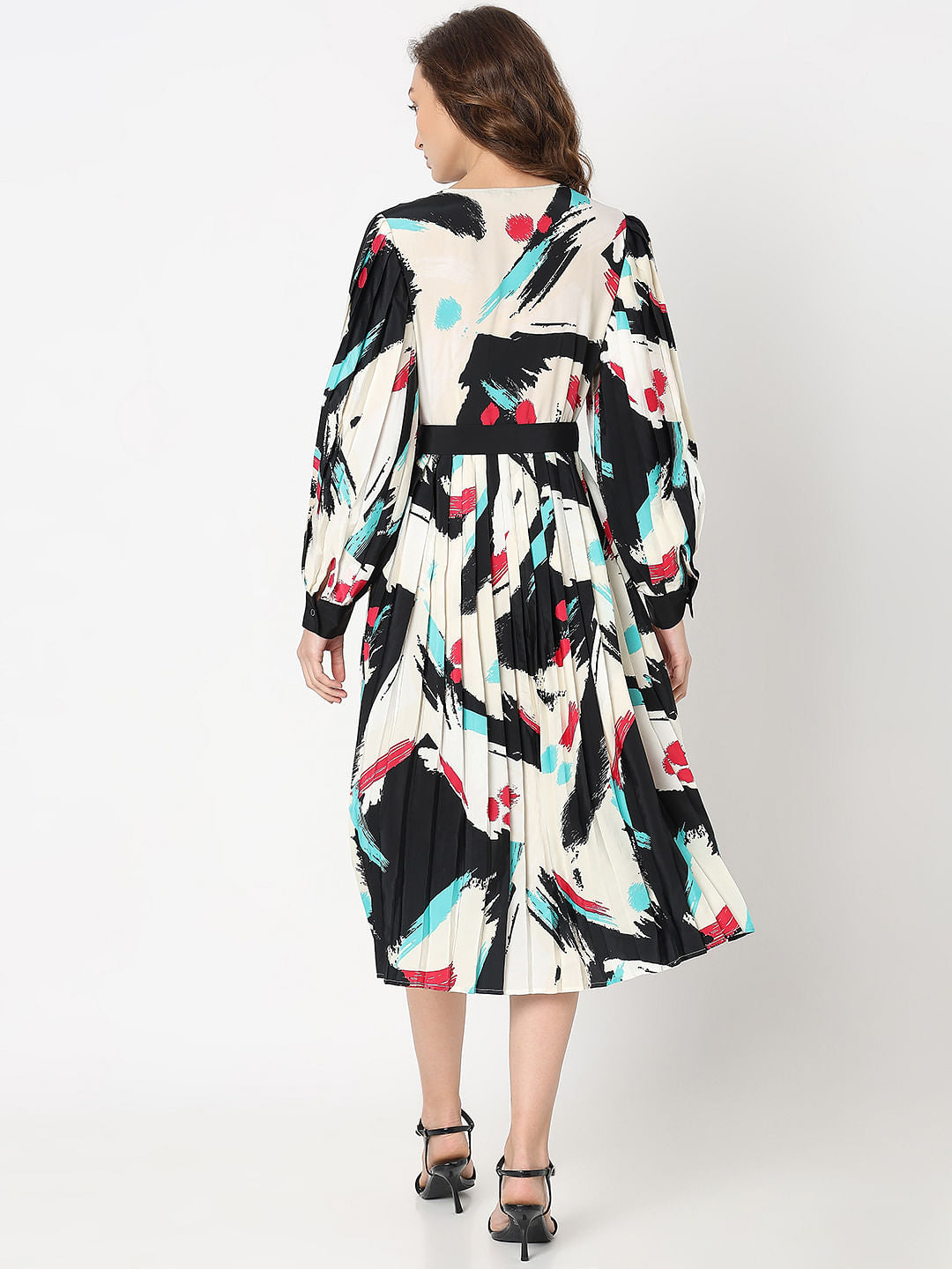 White Printed Pleated Midi Dress