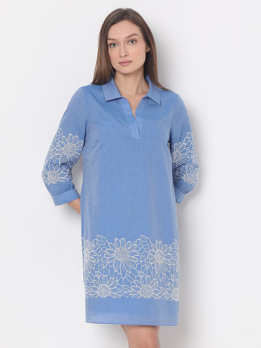 Blue Embroidered Shirt Dress