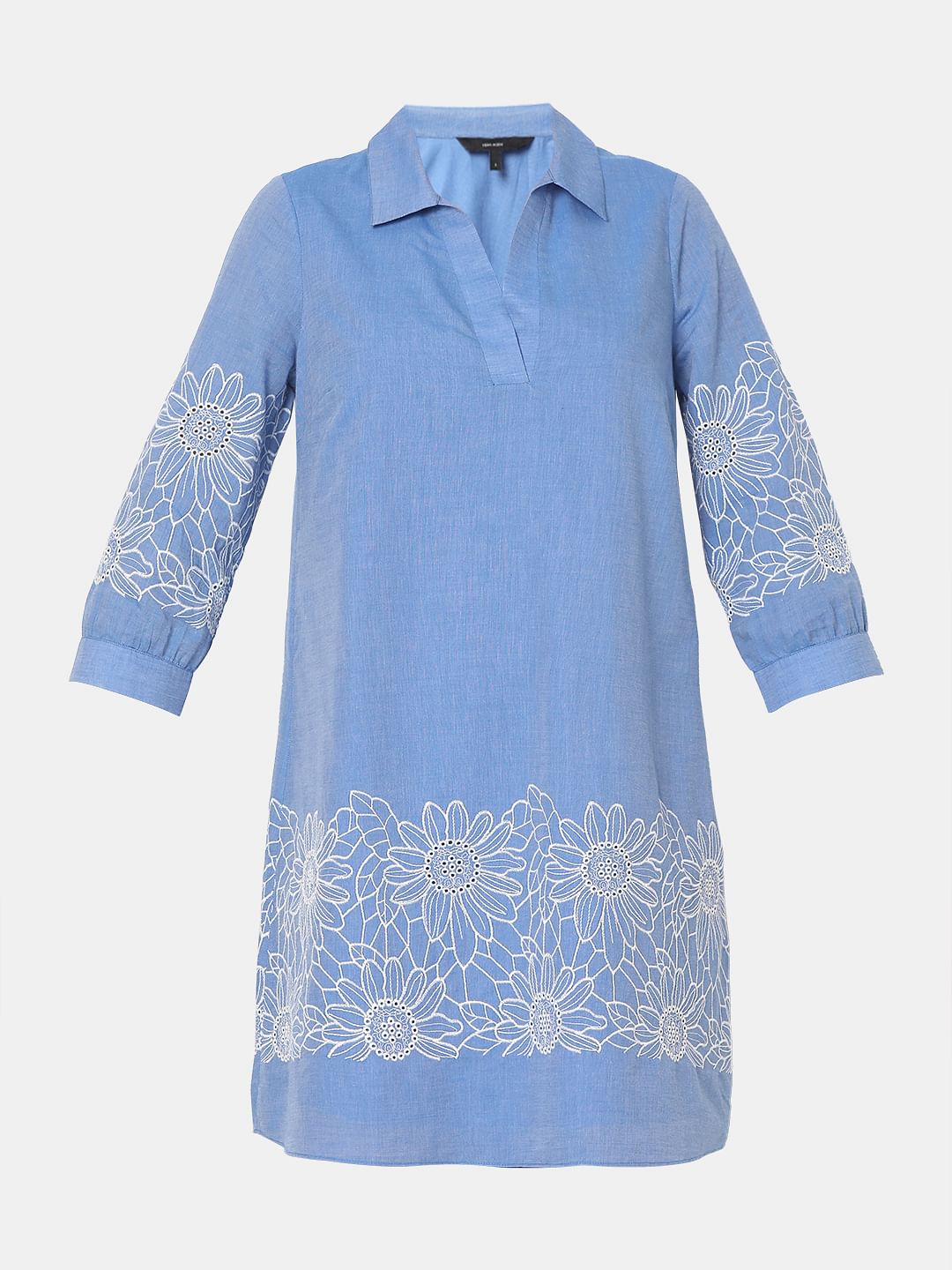 Blue Embroidered Shirt Dress