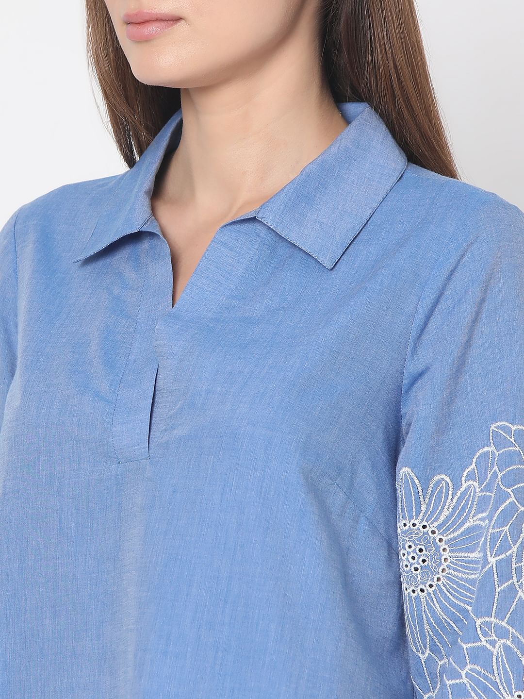 Blue Embroidered Shirt Dress