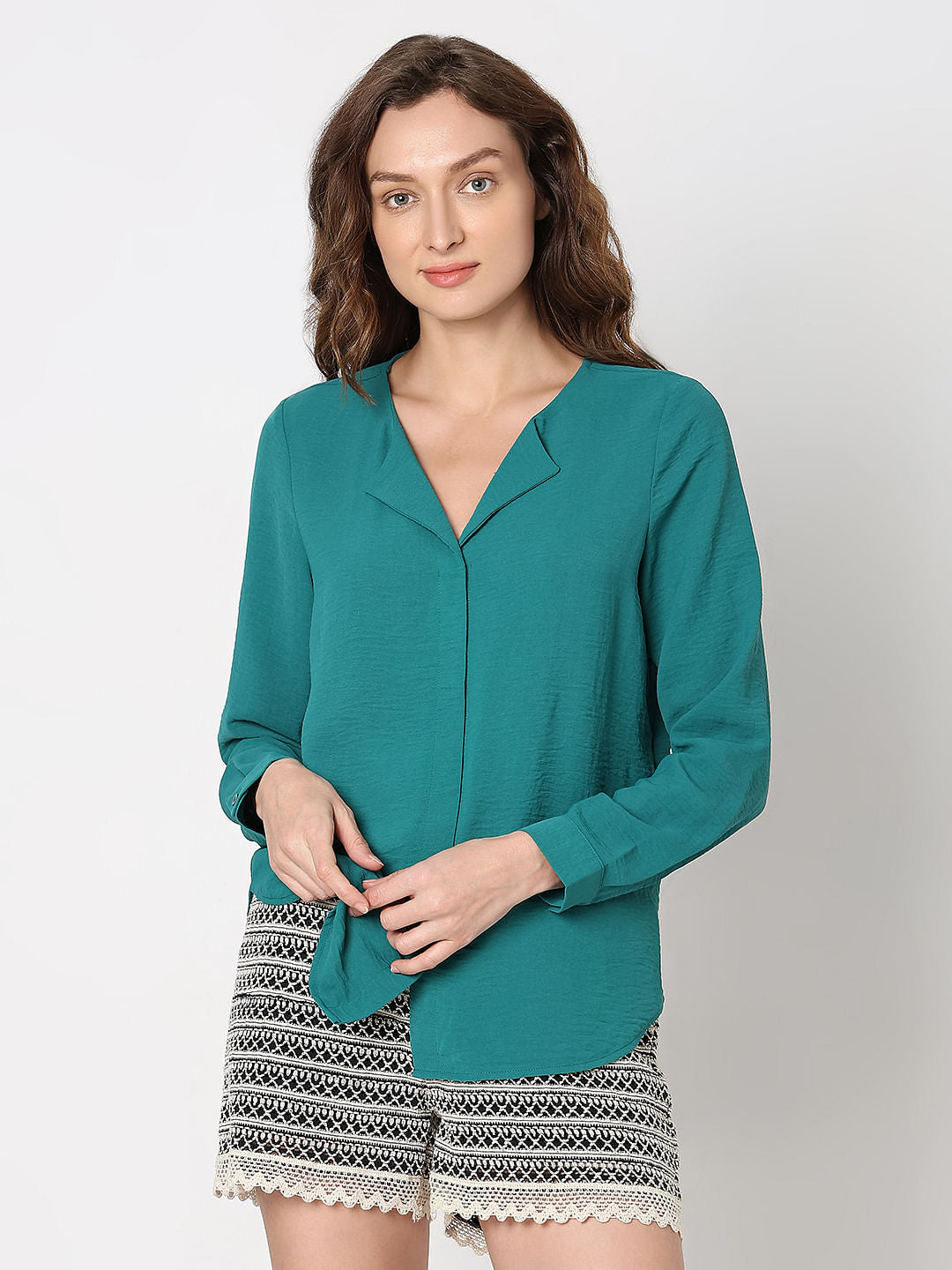 Green Front Button Top