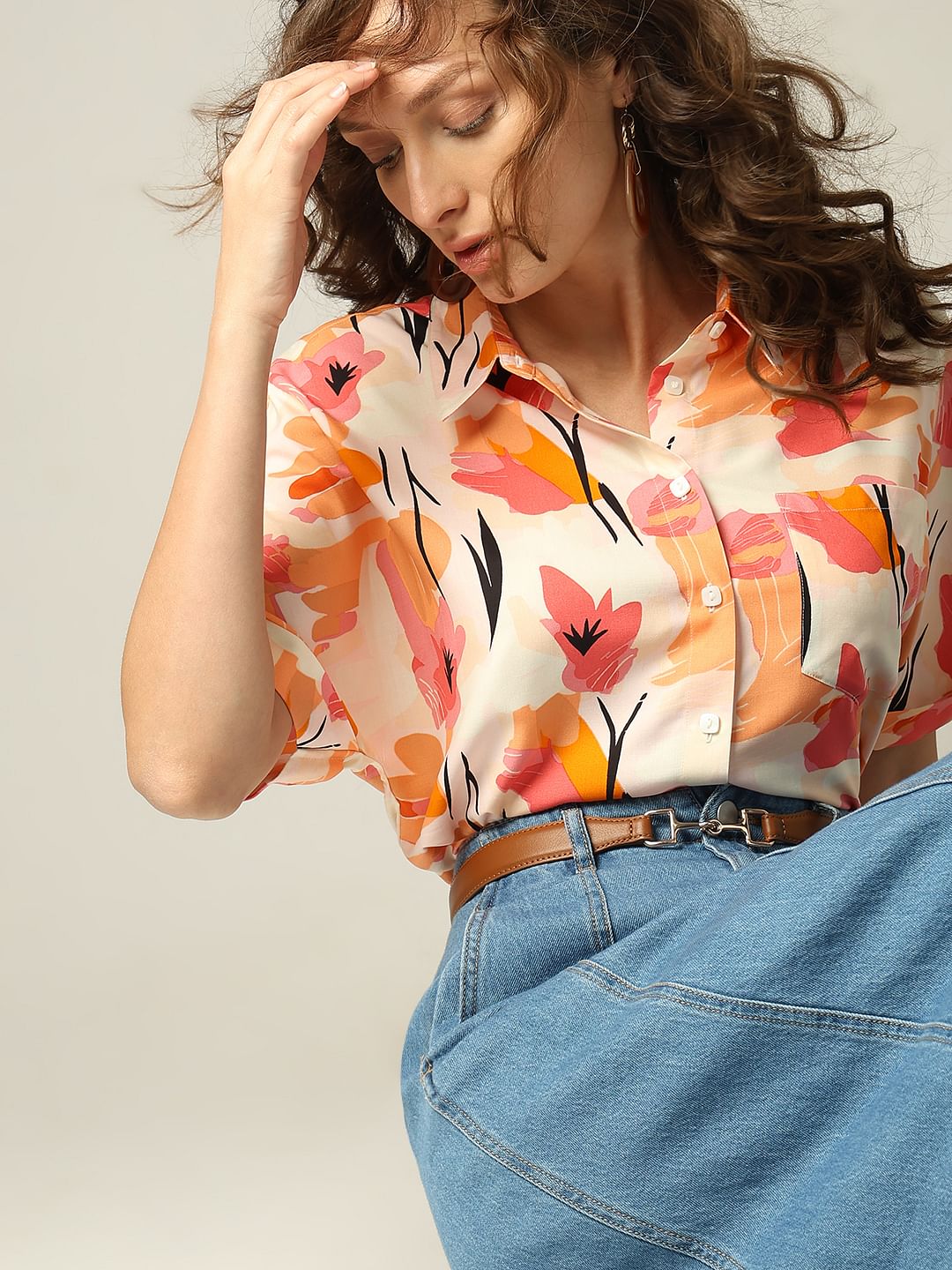 Orange Floral Print Shirt