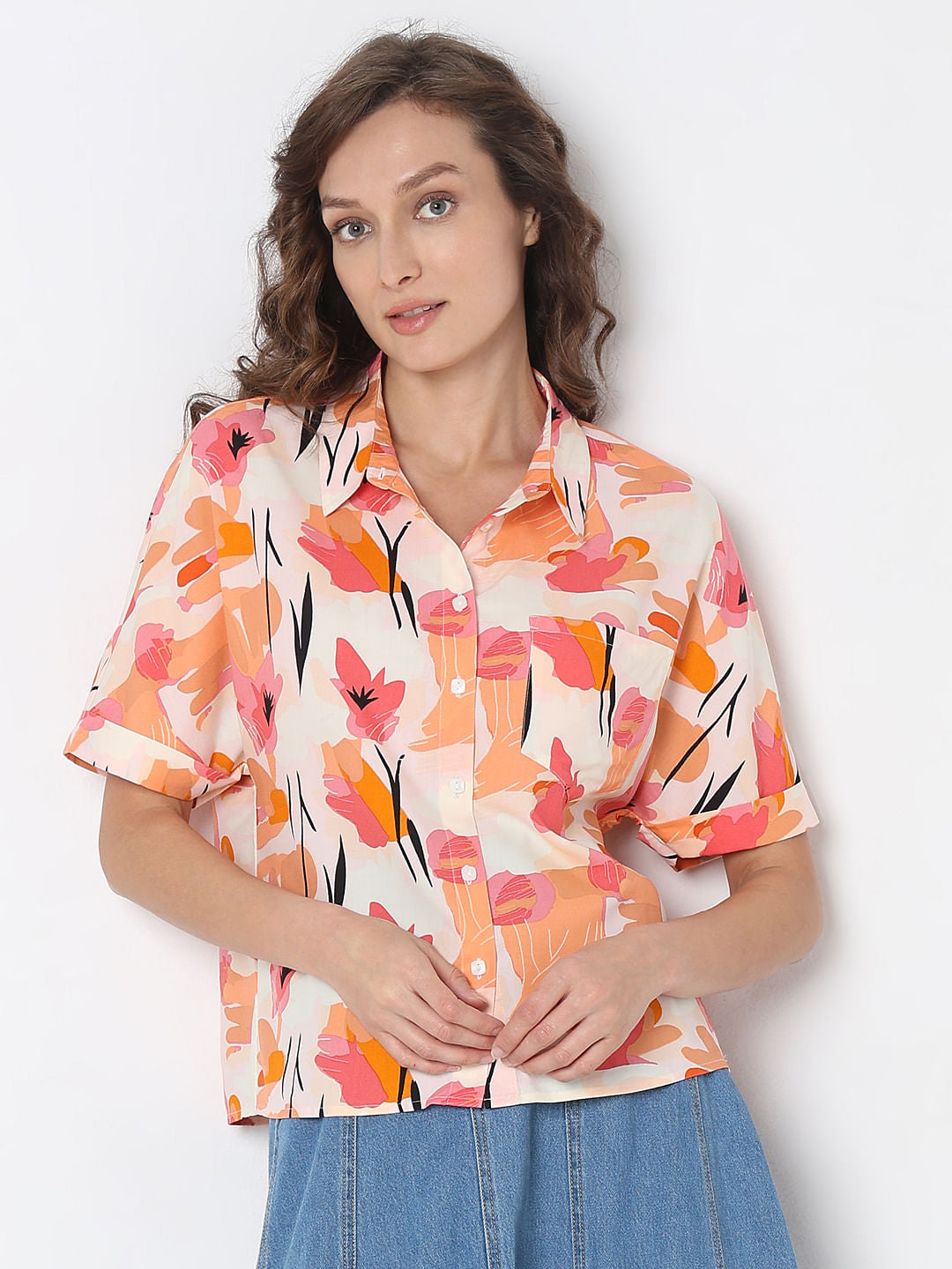 Orange Floral Print Shirt