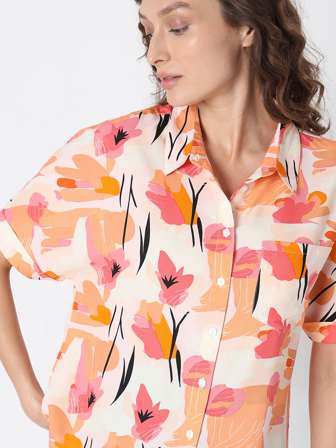 Orange Floral Print Shirt