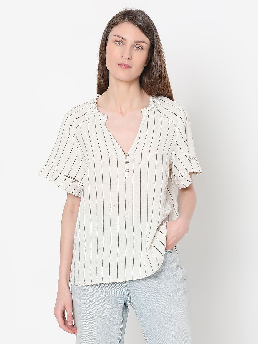 Beige Striped Woven Top