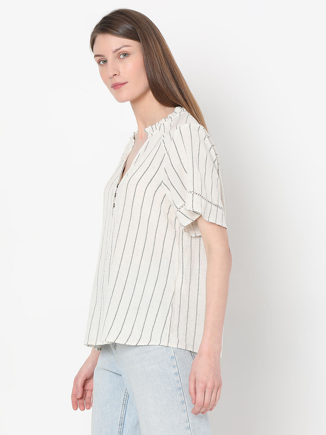 Beige Striped Woven Top