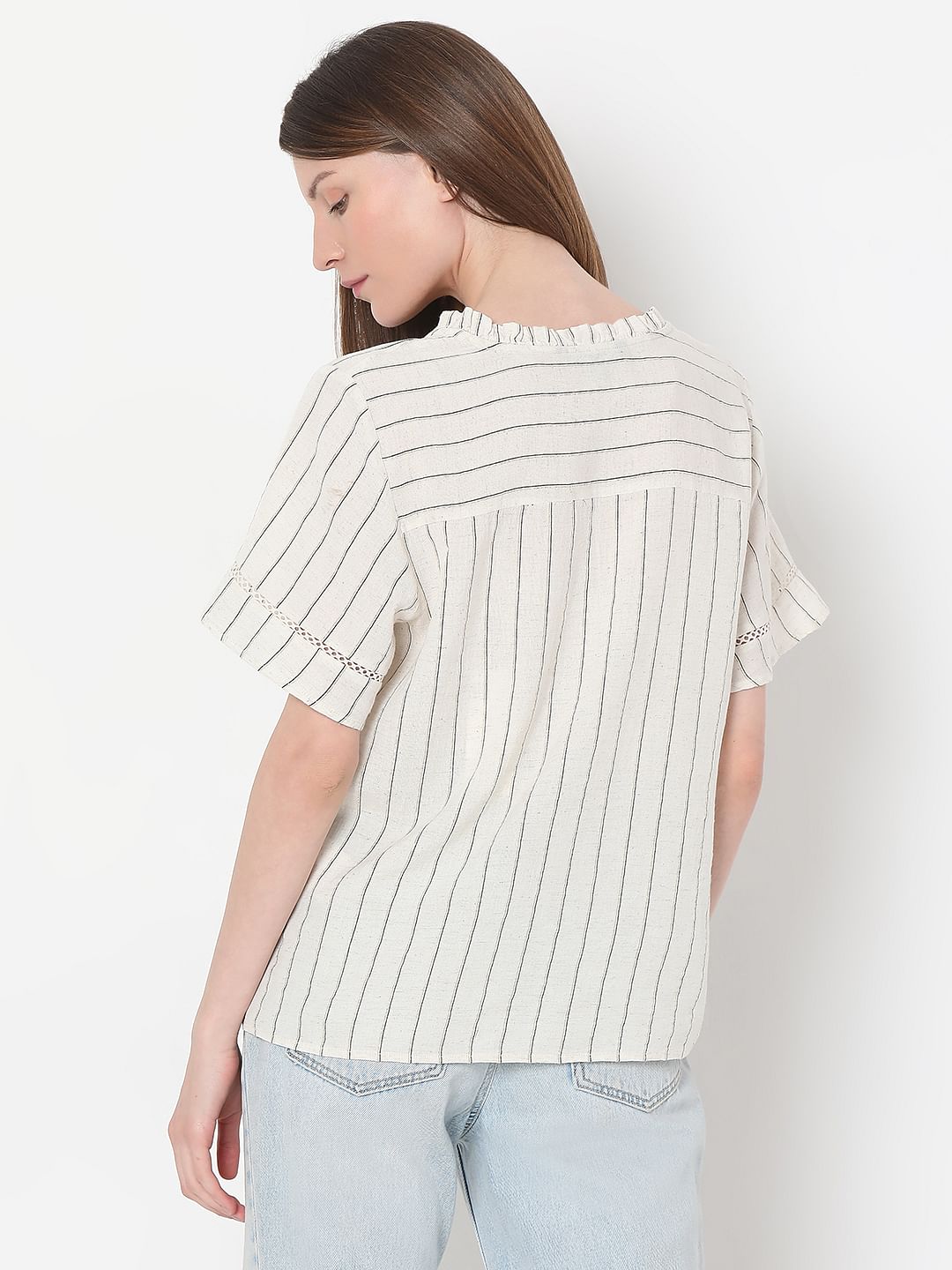 Beige Striped Woven Top