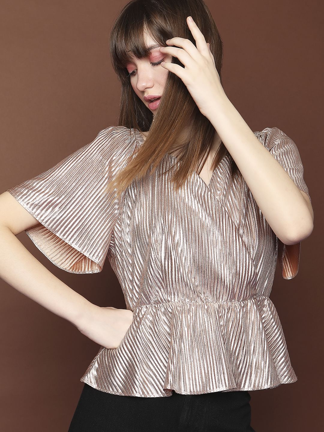 Pink Textured Flared Sleeves Top