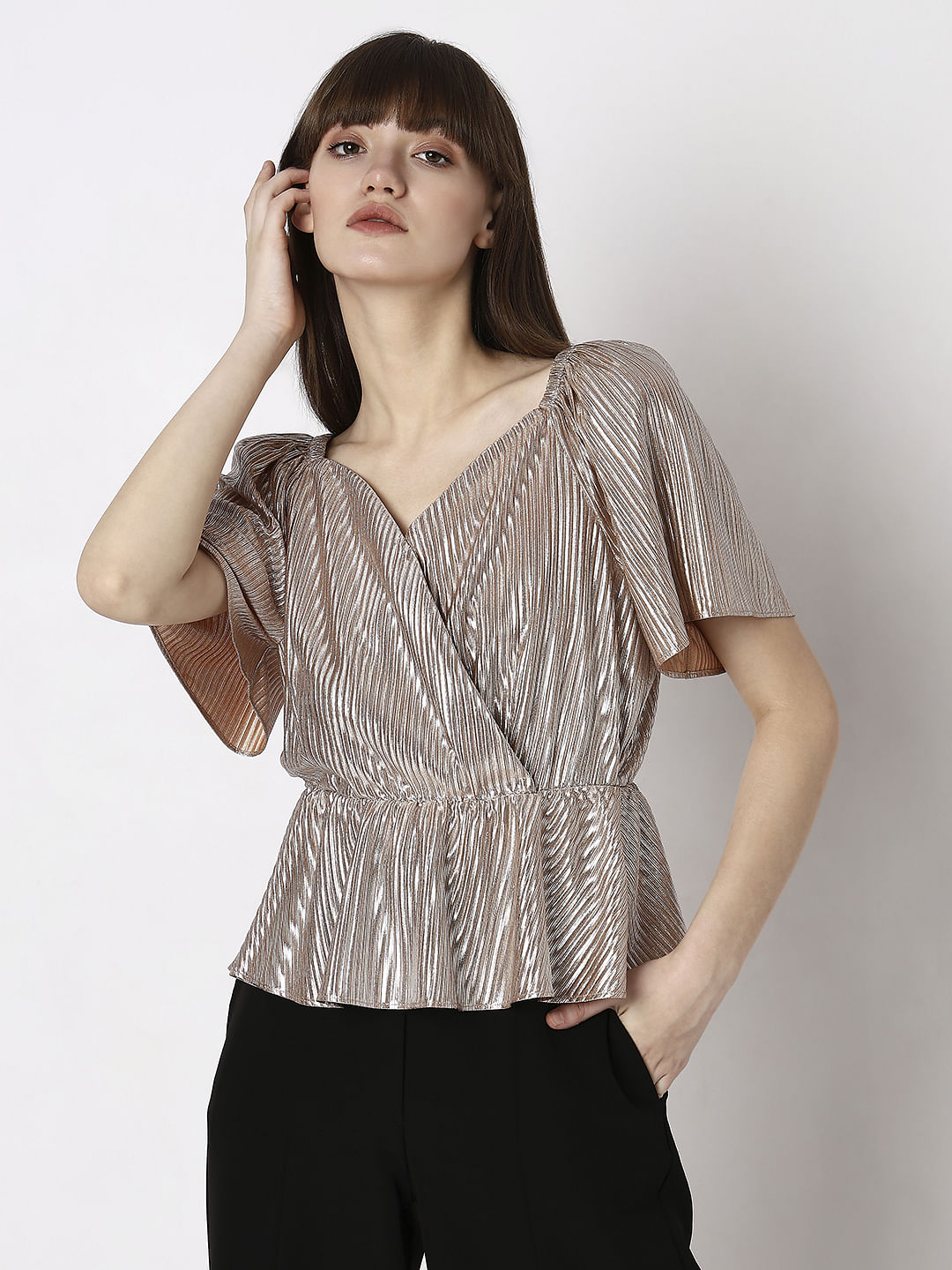 Pink Textured Flared Sleeves Top