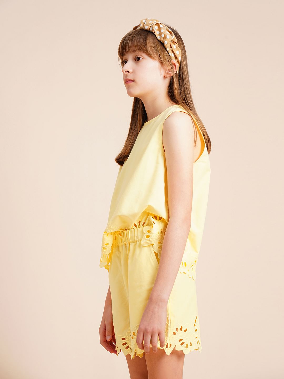 Girls Yellow Laser Cut Co-Ord Set Top