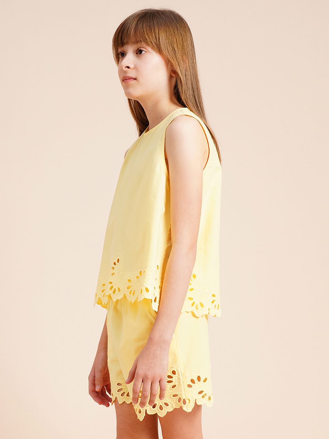 Girls Yellow Laser Cut Co-Ord Set Top