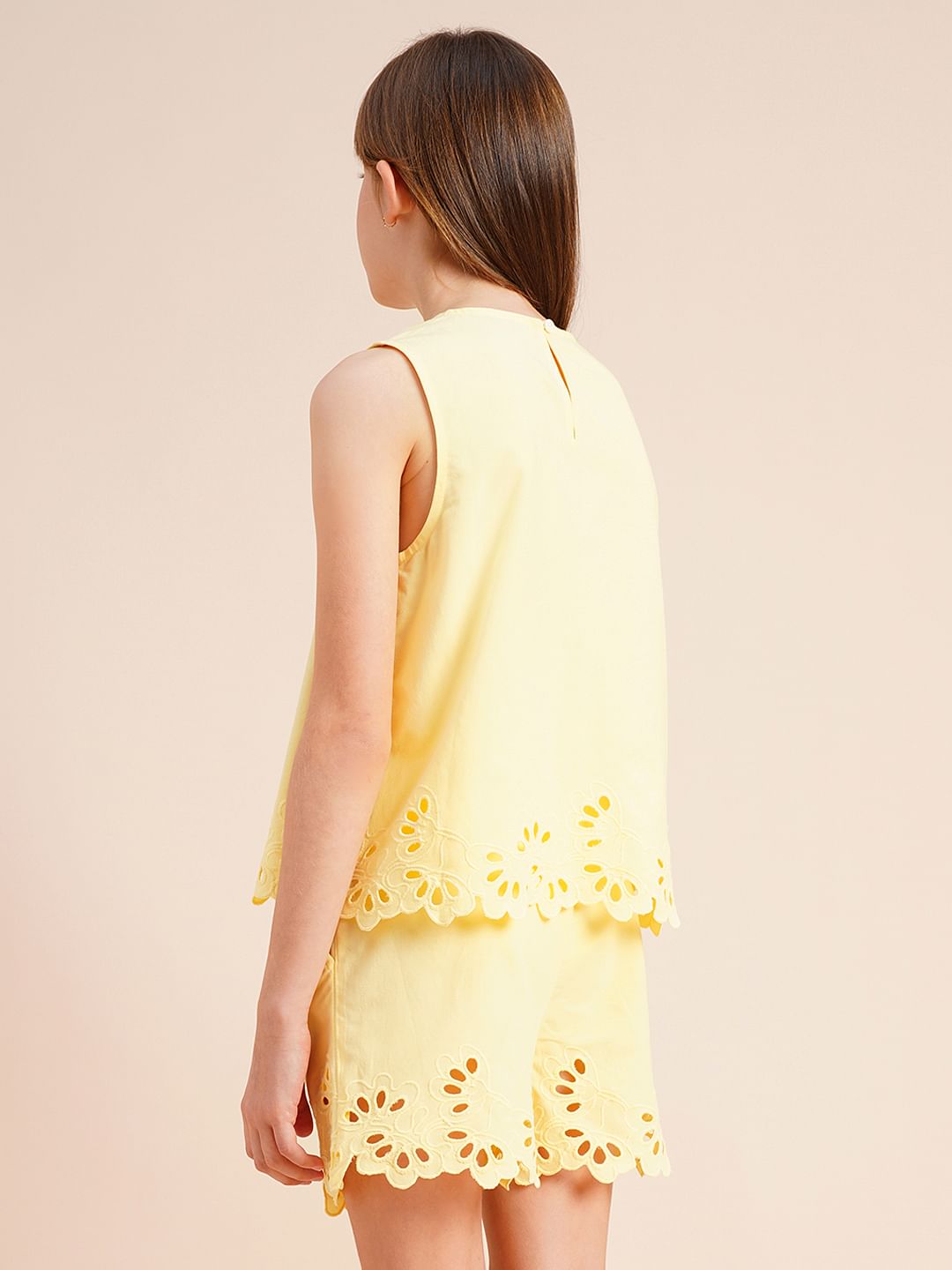 Girls Yellow Laser Cut Co-Ord Set Top