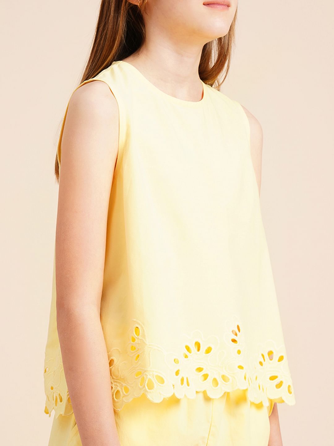 Girls Yellow Laser Cut Co-Ord Set Top