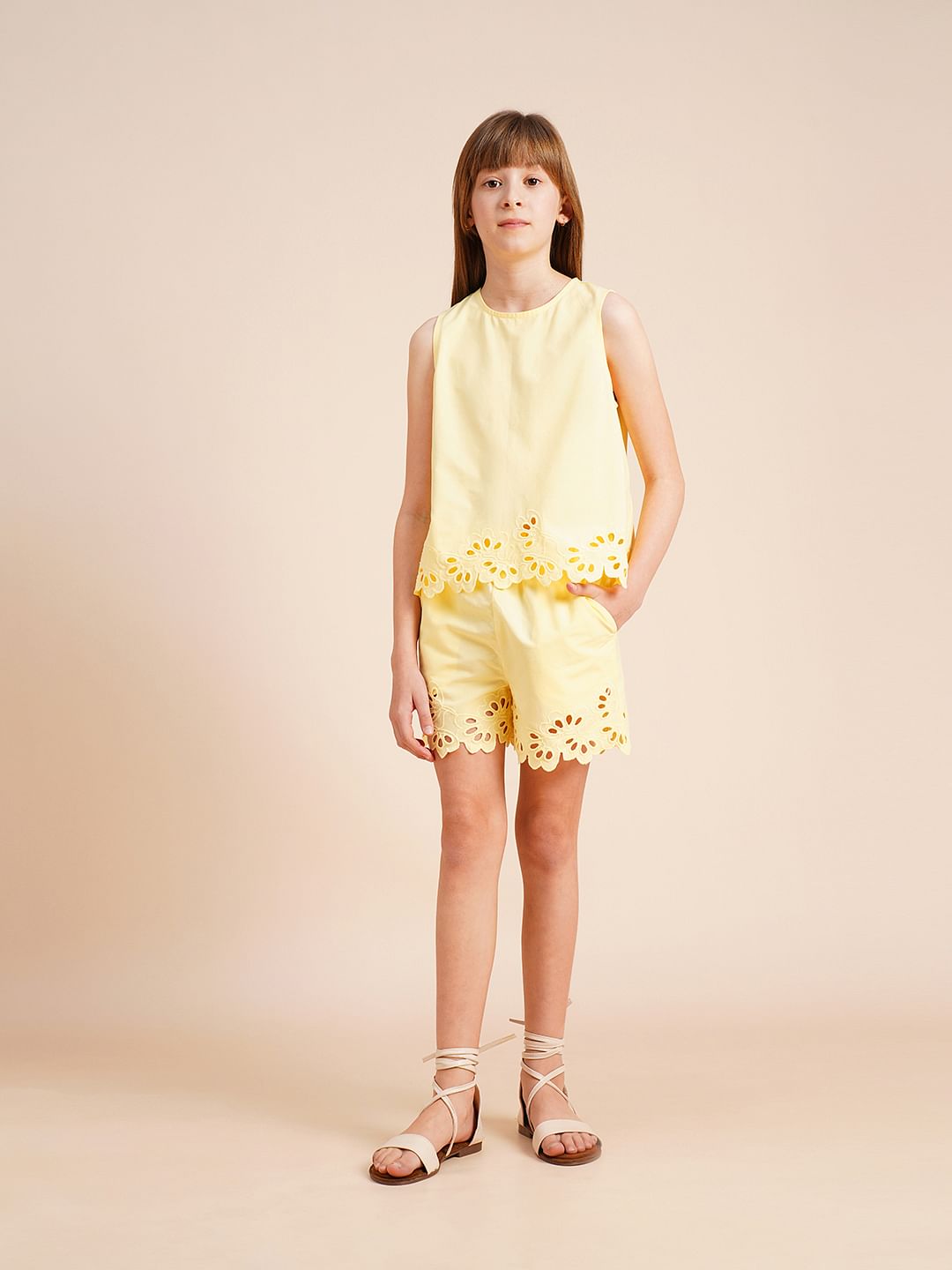 Girls Yellow Laser Cut Co-Ord Set Top