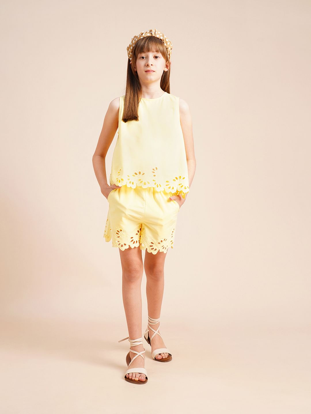 Girls Yellow Laser Cut Co-Ord Set Shorts