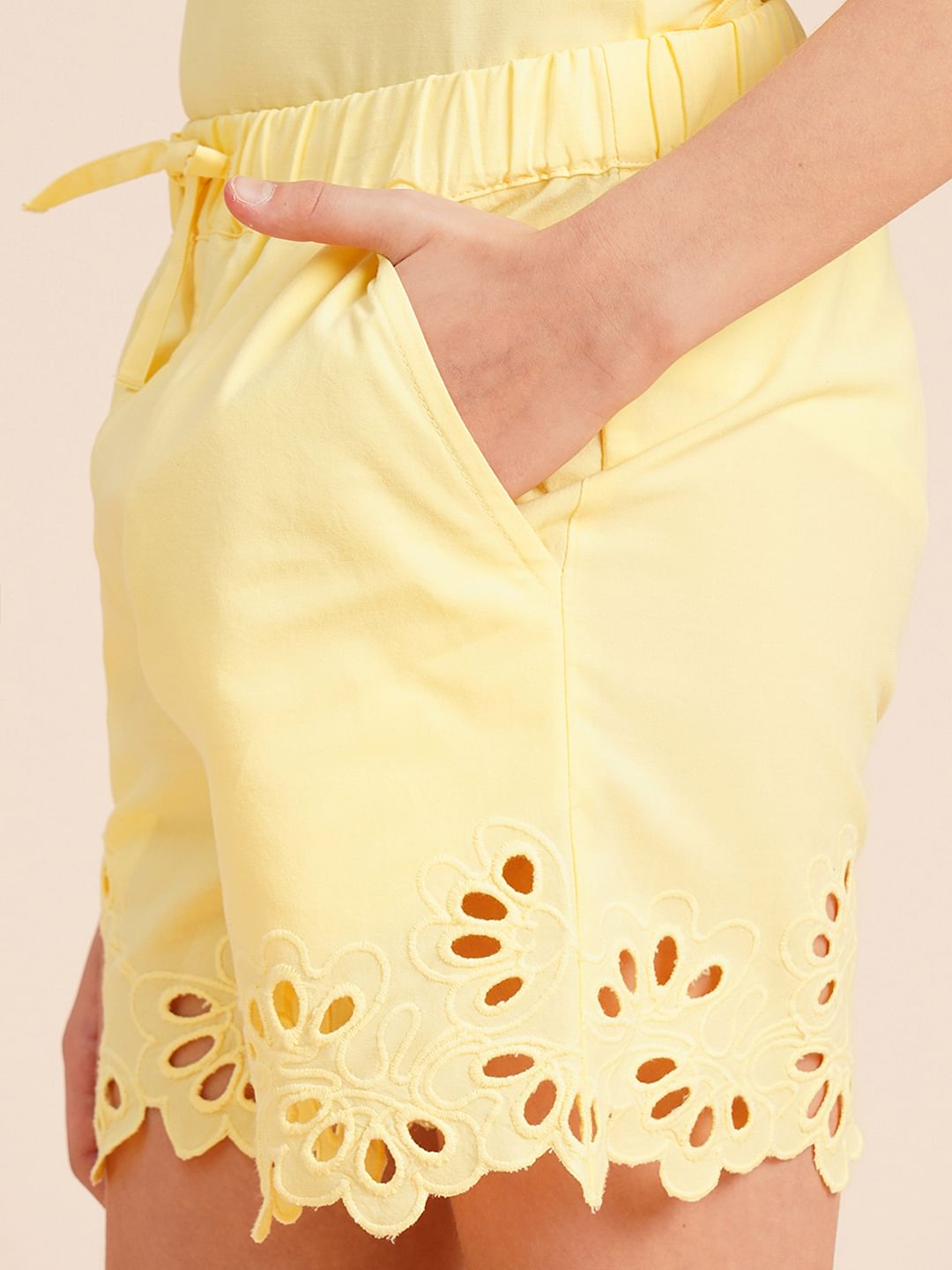 Girls Yellow Laser Cut Co-Ord Set Shorts