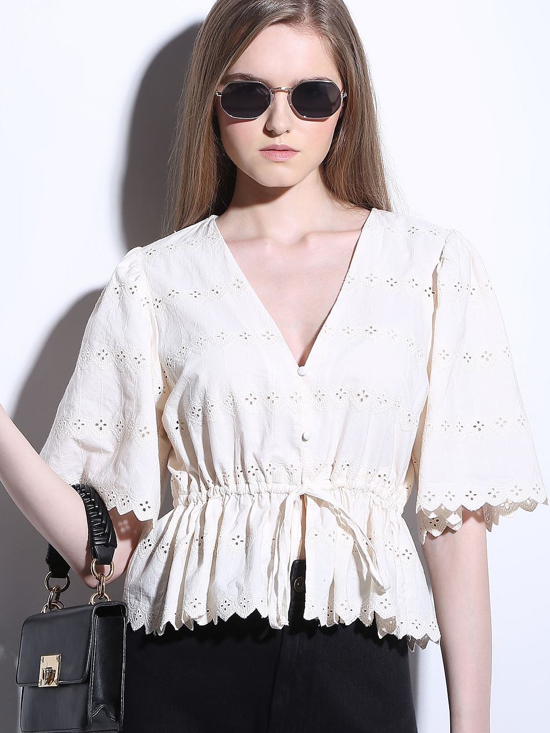 Off-White Schiffli Peplum Top