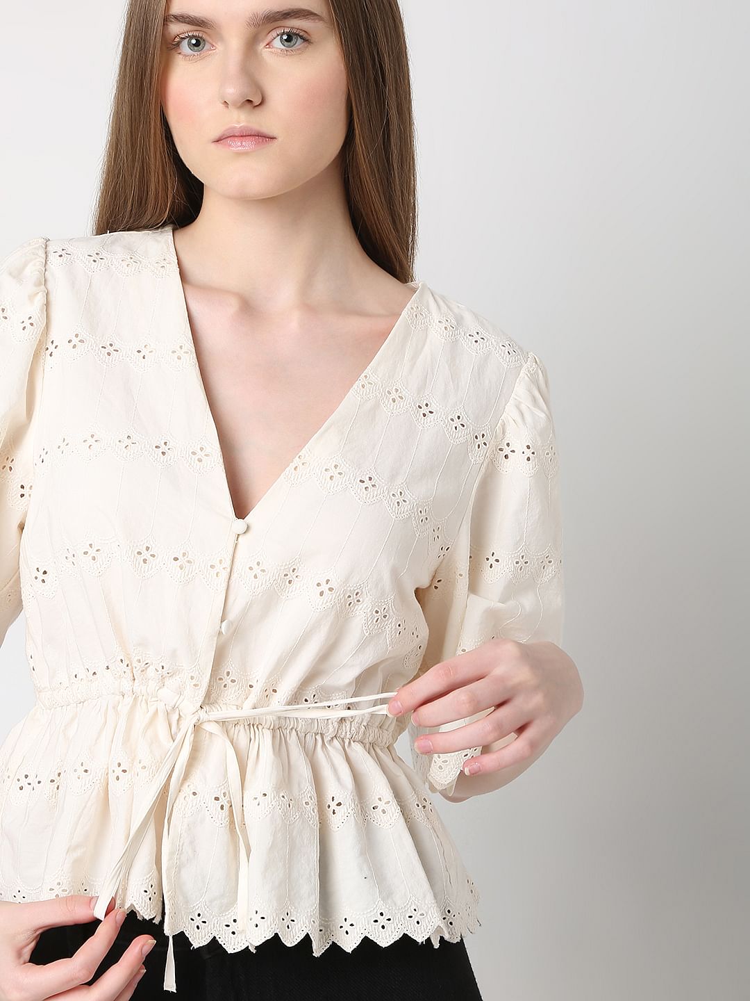 Off-White Schiffli Peplum Top