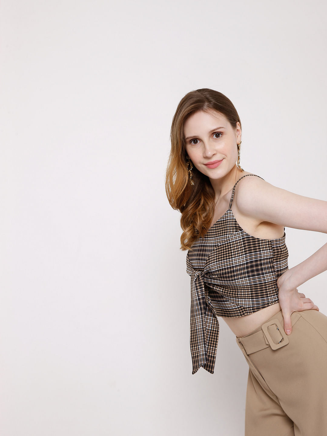 Brown Checks Co-Ord Set Crop Top