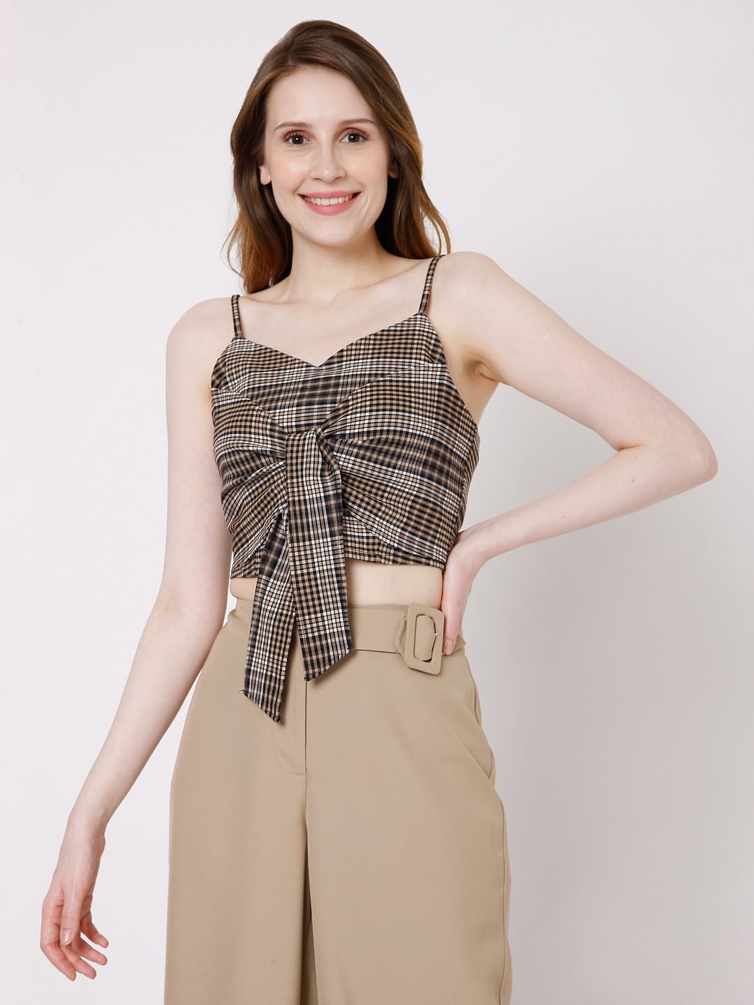 Brown Checks Co-Ord Set Crop Top
