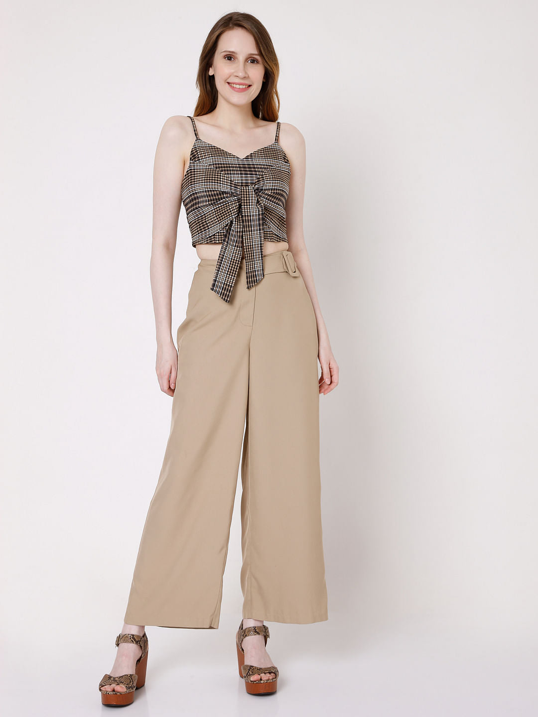 Brown Checks Co-Ord Set Crop Top