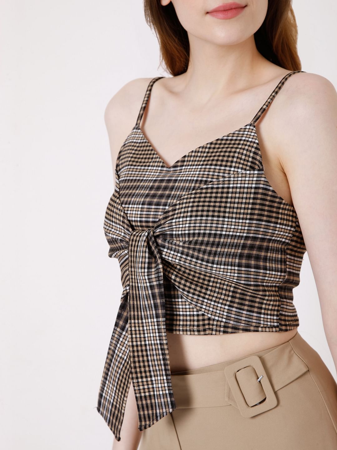 Brown Checks Co-Ord Set Crop Top