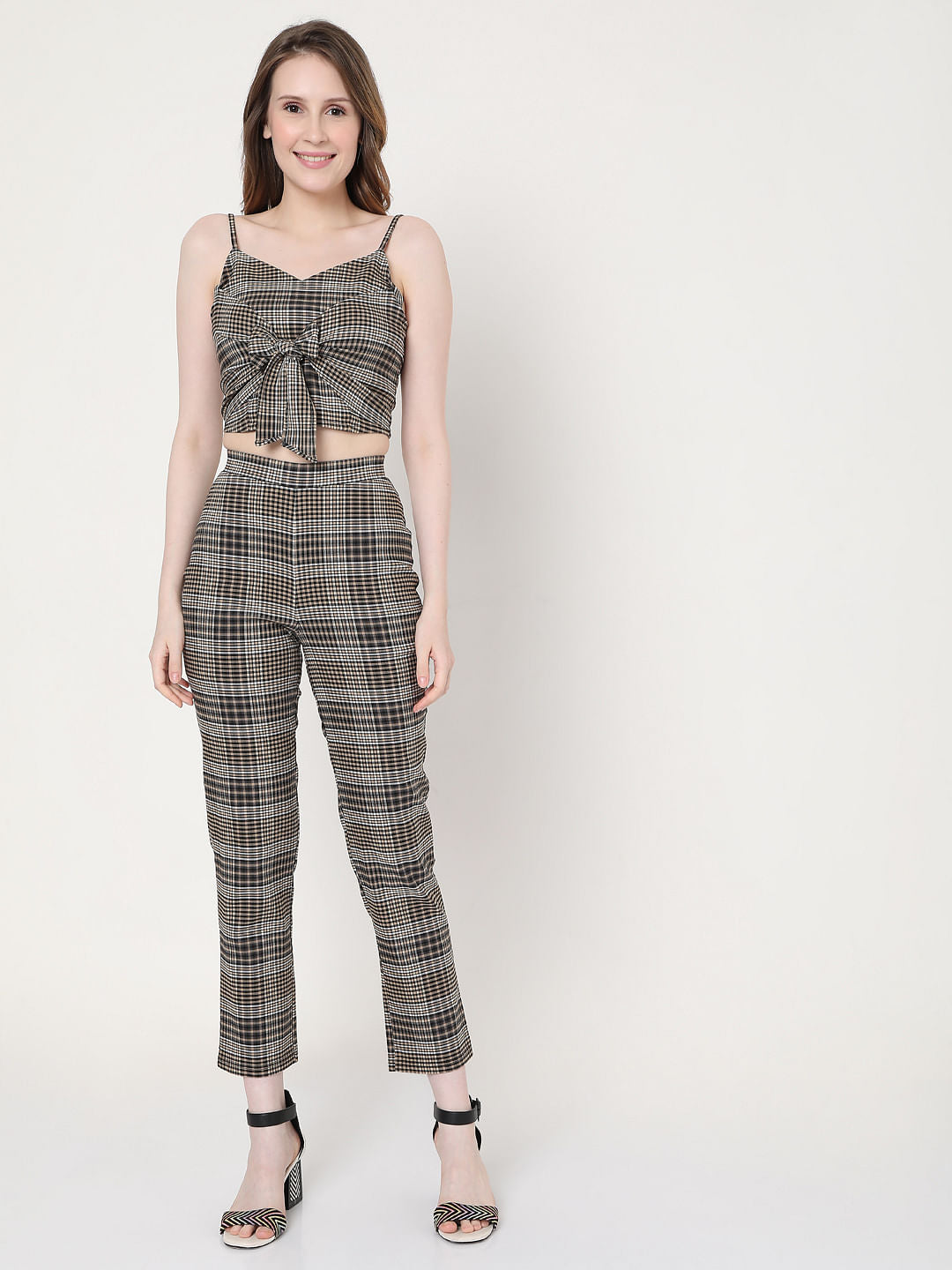 Brown High Rise Check Co-Ord Pants