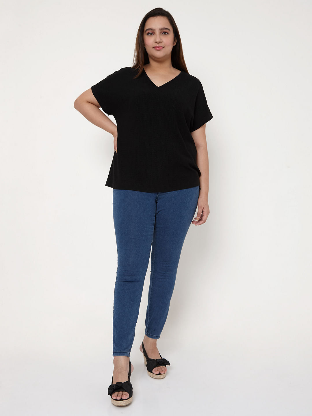 Curve Black V Neck Knit Top