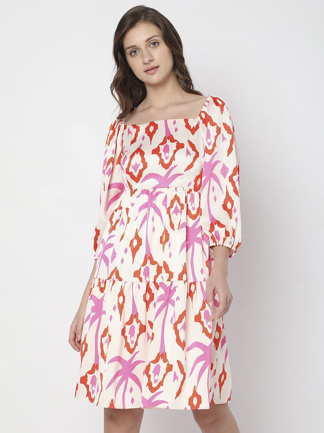 Cream Abstract Print Fit & Flare Dress