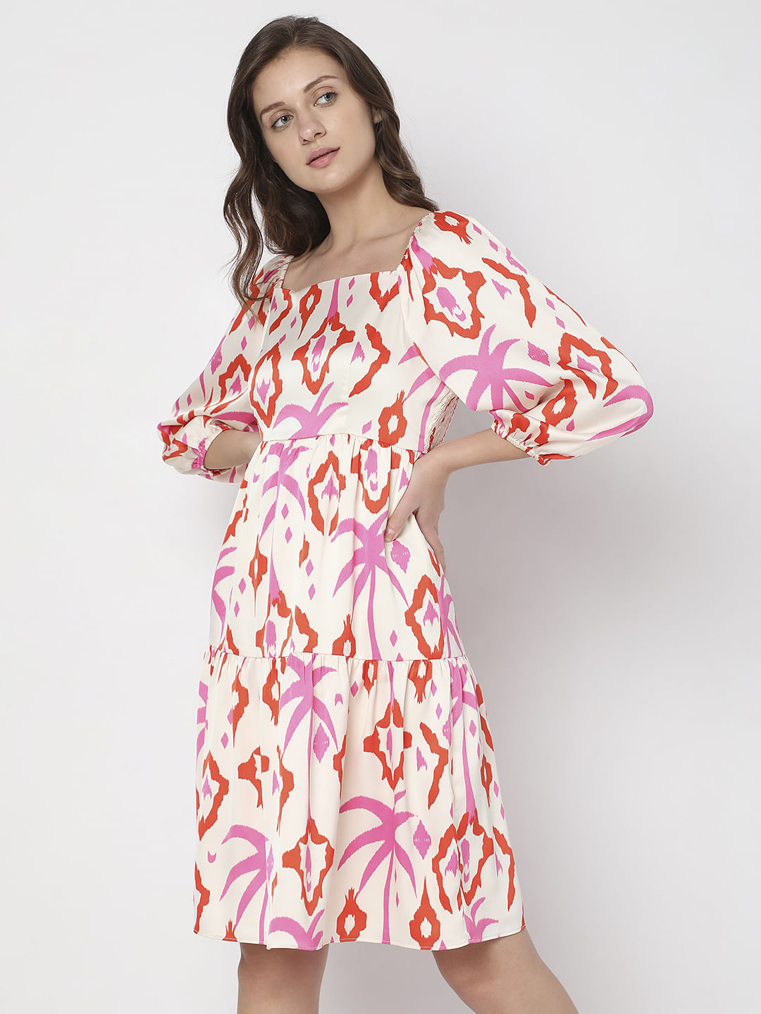 Cream Abstract Print Fit & Flare Dress
