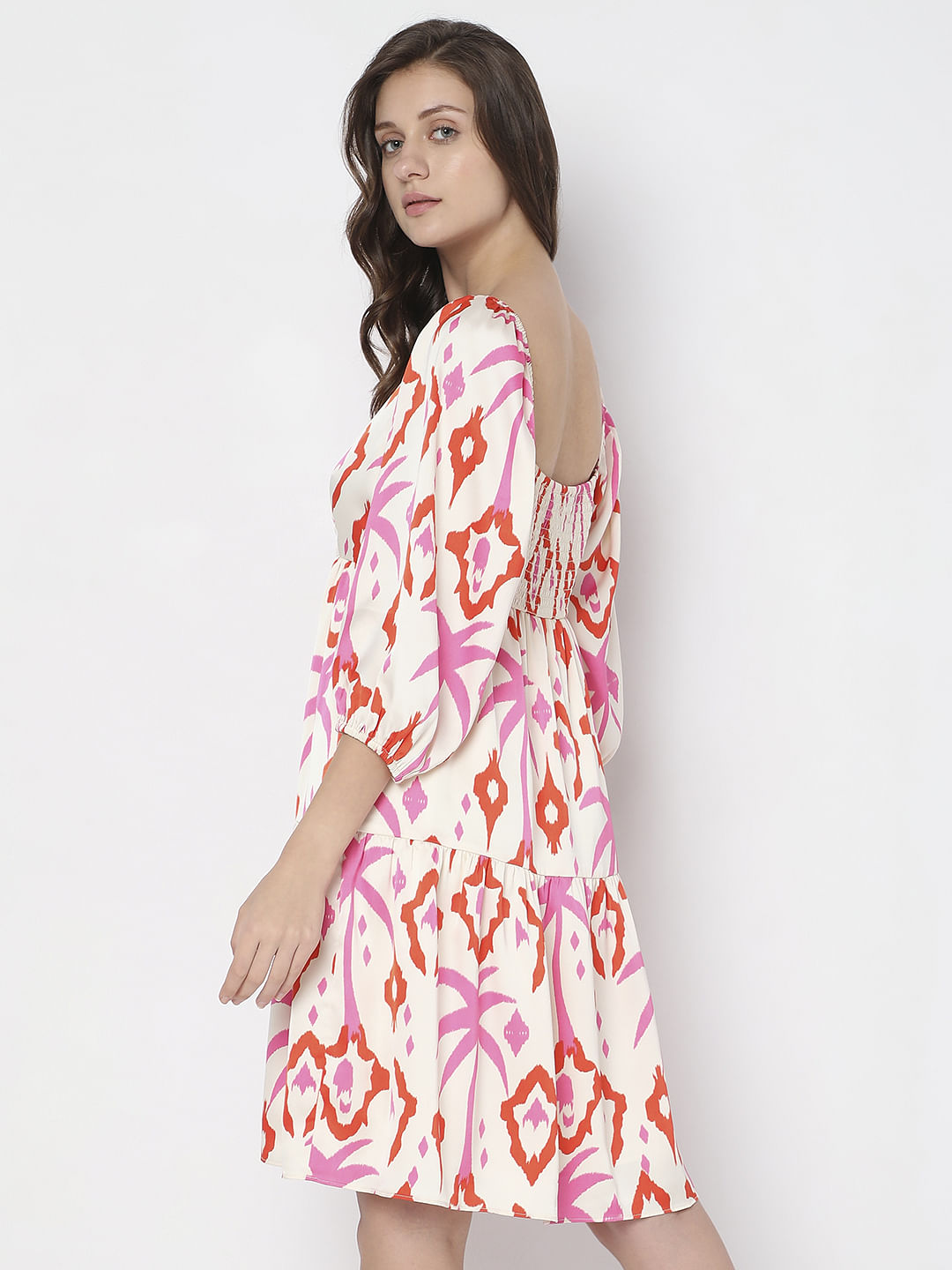 Cream Abstract Print Fit & Flare Dress