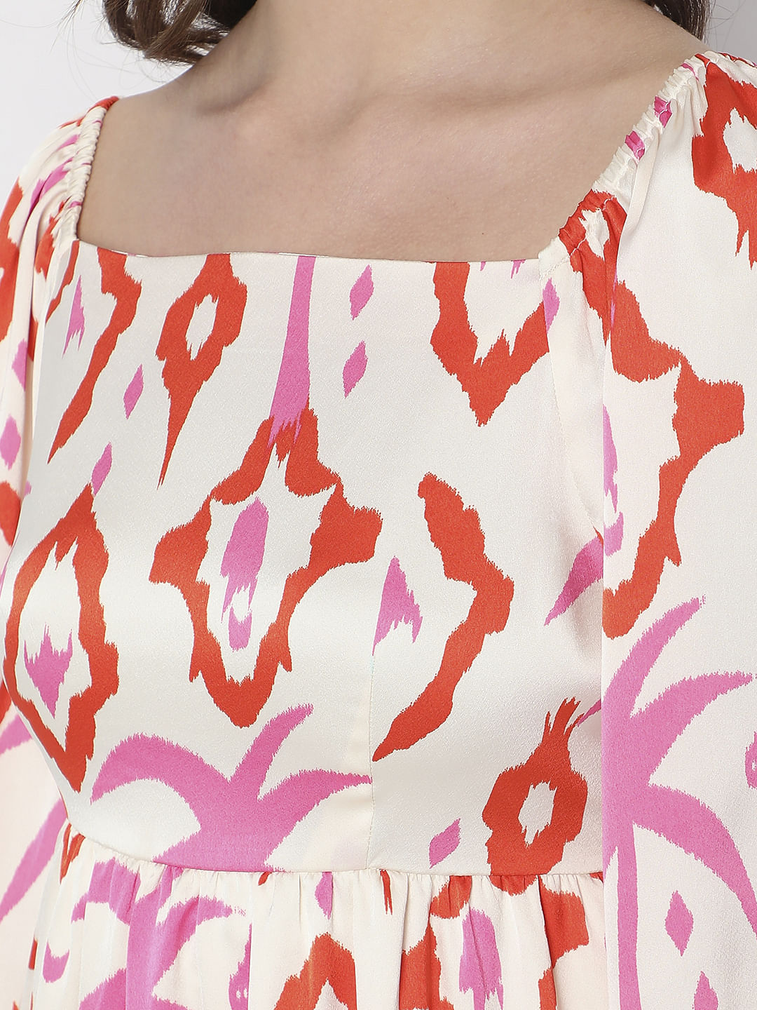 Cream Abstract Print Fit & Flare Dress