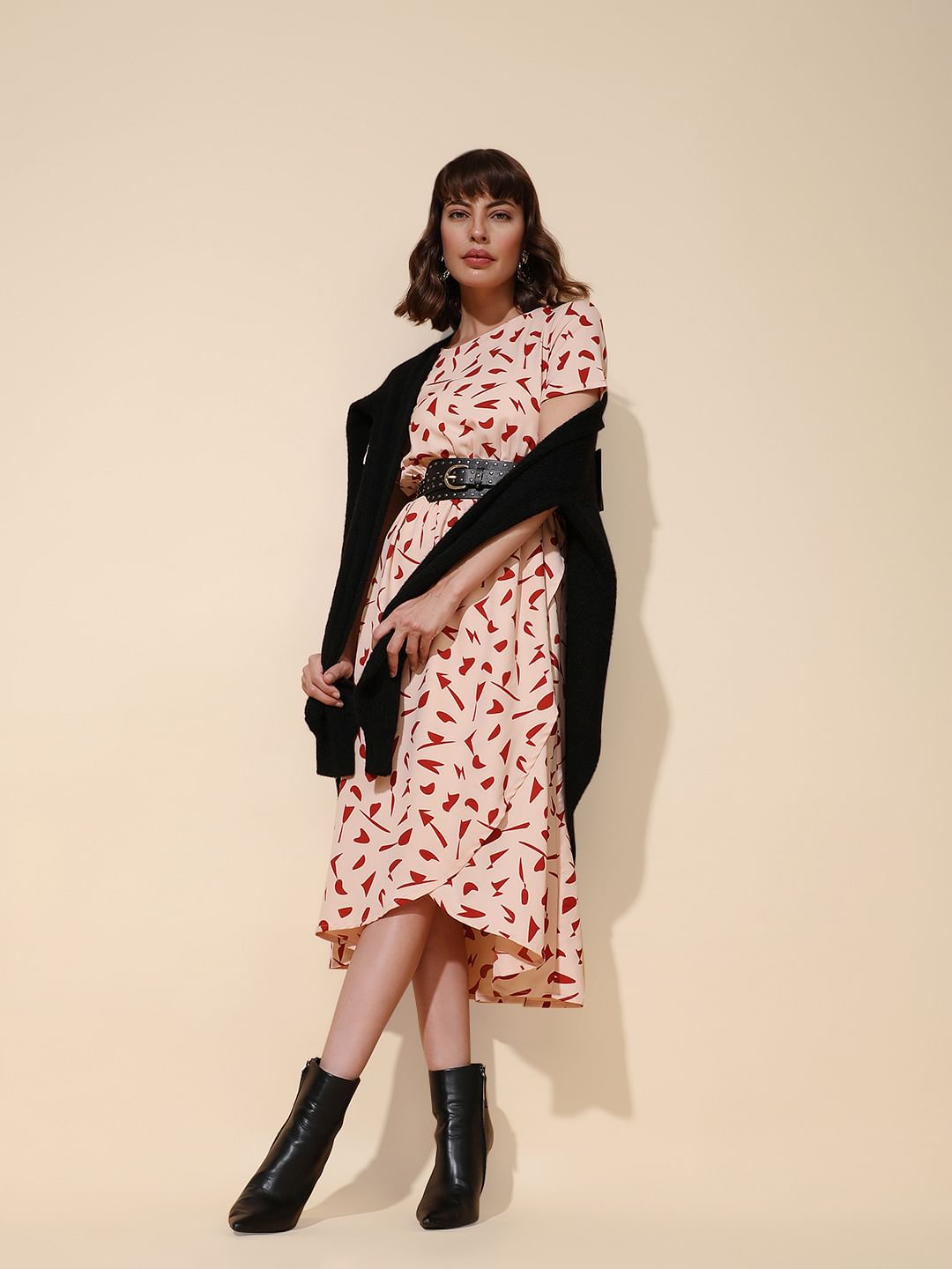 Peach Abstract Print Midi Dress