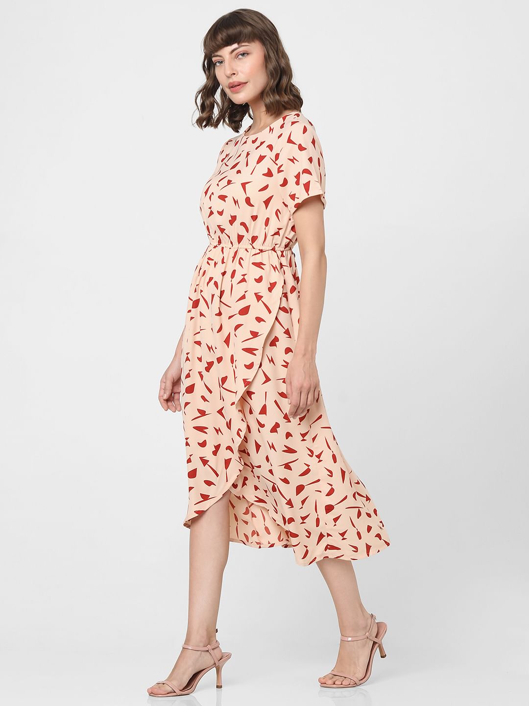 Peach Abstract Print Midi Dress