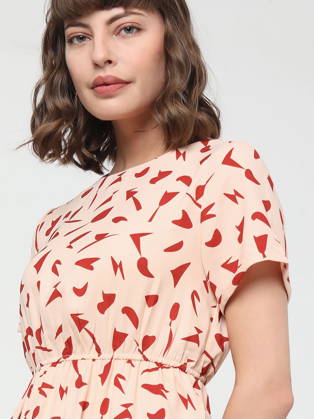 Peach Abstract Print Midi Dress