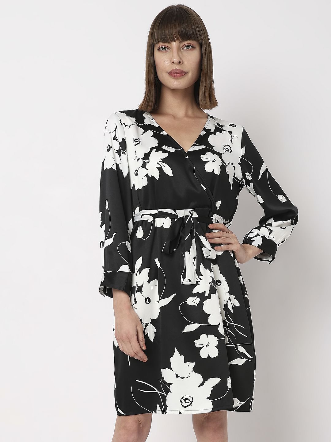 Black Floral Wrap Dress